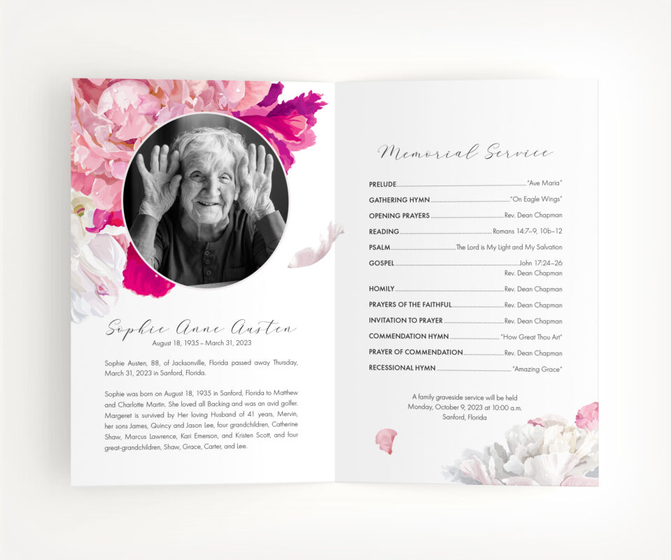 Beautiful Soft Peonies Funeral Program • Cherished Prints