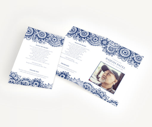 blue and white block print inspired memorial program celebration of life program