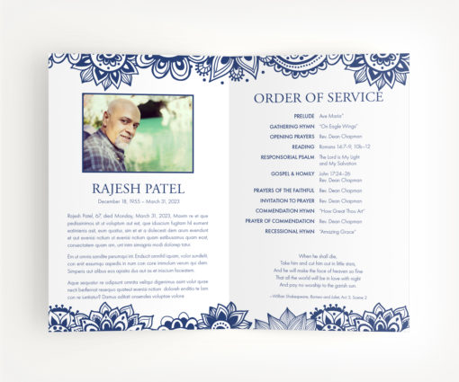 blue and white block print inspired memorial program example